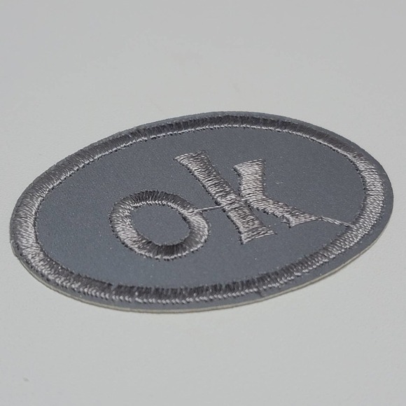 VTG Iron On Patch Silver Reflective OK Oval Name Tag - Picture 2 of 7